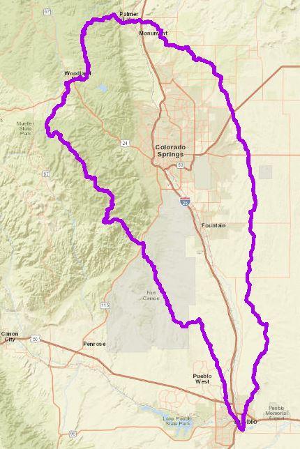 Map showing the boundaries of the Fountain Creek watershed