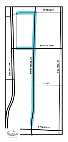 Map of the area around N. Stone Ave. where the project will occur. N. Stone Ave. is highlighted, along with portions of Winters Dr. and Nichols Blvd. west of N. Stone Ave.