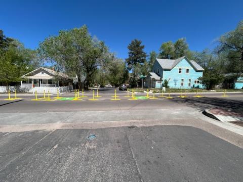 Another angle from the side of the bike-permeable median on Pikes Peak Ave./30th St.