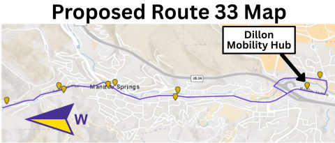Map of the proposed changes to Mountain Metro's Route 33. Read the text above this map for detailed changes.