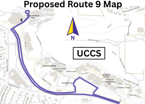 Map of the proposed changes to Mountain Metro's Route 9. Read the text above this map for detailed changes.