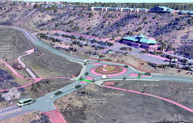 rendering of aerial view of Garden of the Gods park entrance off 30th street with new roundabout. 
