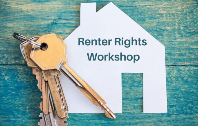 house-shaped cutout with image of a keys and the text Renter Rights Workshop