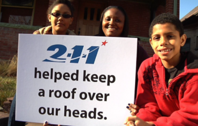 photo has text that says 2-1-1 helped keep a roof over our heads.